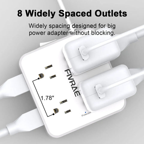 Knockout Ten Foot Extension Cord With Eight Separate Outlets And Four Fast USB Charging Ports Including Two USB C Plugs compact power strip with widely spaced outlets.