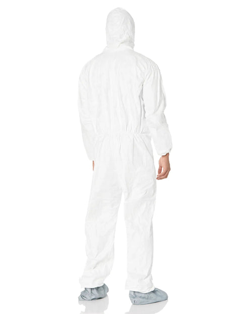 Back view of Disposable Tyvek Coverall Suit With Elastic Wrists Boots And Hood White X Large Front Zipper Serged Seams