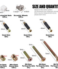 125 Piece 3 In 1 Diy Ready Furniture Connecting Hardware Set details with hex screws, barrel nuts, cam fittings and sizes displayed.