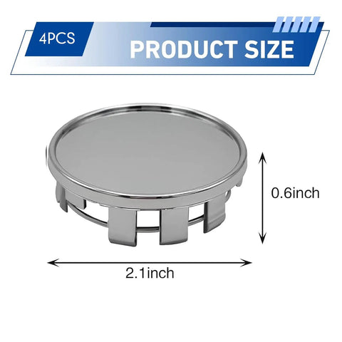 Close-up image of Slick 4 Pack 2.1 Inch 54 MM Wheel Center Hub Caps Snap On Plastic Steel Rim Covers showing size dimensions.