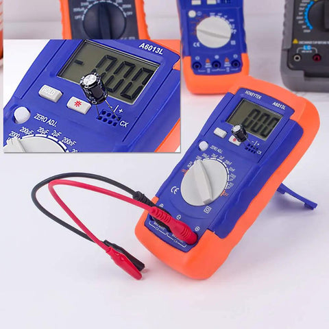 Handheld Capacitance Meter With LCD Backlight And Data Hold 1999 Count Display Measures 200 pF To 20 mF, blue and orange meter with test leads