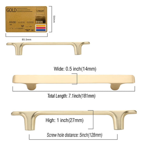 Brushed Gold Cabinet Pulls Pack Of 10, 5 Inch Hole Centers, Zinc Alloy And Brass Construction, side and dimensions view
