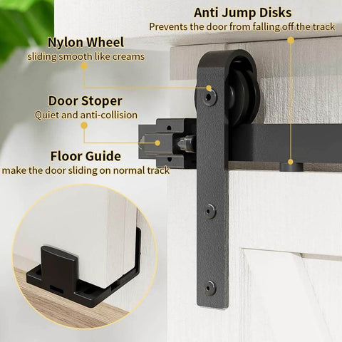Close-up of Three Foot Mini Barn Door Hardware Kit for Sliding Single Door in J Shape, showing nylon wheel and anti jump disks.