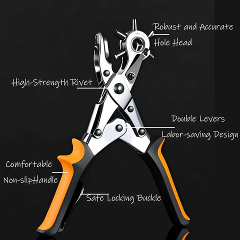 Leather Belt Hole Puncher Set With 3 Round Holes, 2 Flat Holes, And 1 Oval Hole, ergonomic handle, robust hole head, high-strength rivet.