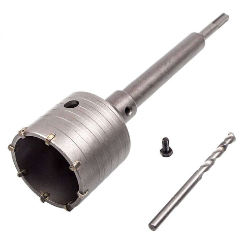 65mm concrete hole saw with SDS Plus shank; side view of a metal toothed cylindrical head