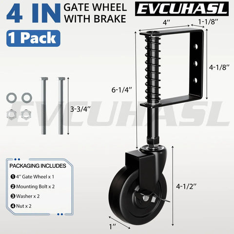 Diagram showing dimensions of 4 Inch Spring Loaded Gate Caster Wheel With Side Brake, Heavy Duty Gate Wheel for various gates
