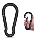 Heavy Duty 7 Inch Carabiner Clip For Camping And Outdoor Gear Large Spring Snap Hook Ideal For Hammocks Swing Sets Hiking Travel Weight Lifting And Home Gym Equipment Kinlink, black, shown beside a hand for scale.