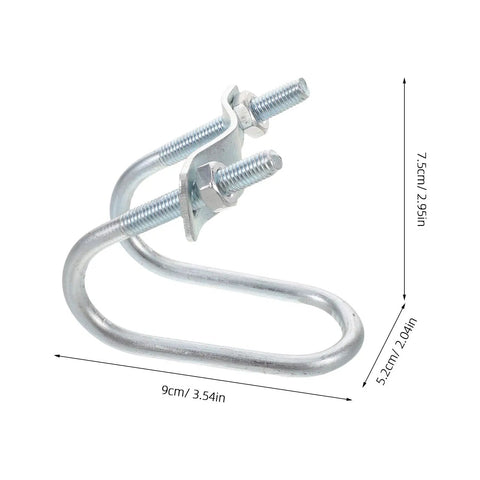 Straight Up Heavy Duty Car Roof Rack Crossbar Clamp With Quick Swap U Bolts And Mounting Brackets For Round Tubes Up To Three Centimeters detailed image of a silver U-bolt clamp, measuring 9cm with nuts.