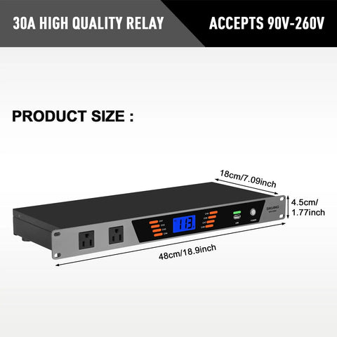 High Grade 10 Outlet Rackmount Power Conditioner And Sequencer Built To Manage Stage Load and Squash Voltage Spikes, 48cm size.