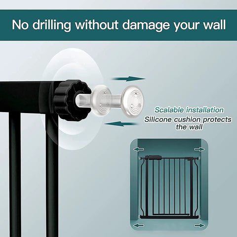 Extra Wide Pressure Mounted Baby Gate For Stairs And Openings installation detail showing no-drill setup with silicone cushion