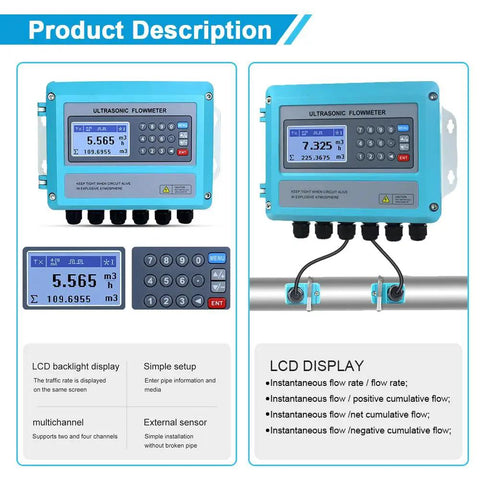 Ultrasonic Flow Meter Clamp On Digital Liquid Flow Meter Wall Mounted With Medium Transducer For Pipe DN50 To 700mm Water Seawater Oil Alcohol Sewage No Guesswork, showing LCD display and external sensors.