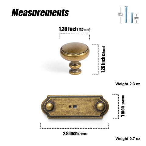 Killer Style Beaded Zinc Alloy Cabinet Knobs With Backplate Antique Brass 6 Pack showing measurements of knob and plate.