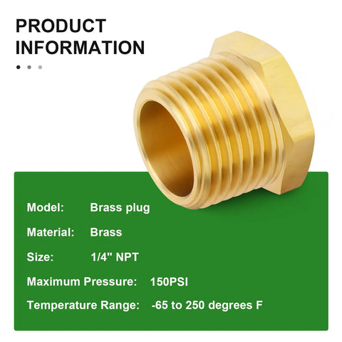 Brass Outer Hex Thread Socket Pipe Plug Fittings Set, Fifteen Pieces, One Quarter Inch NPT Male on product information display
