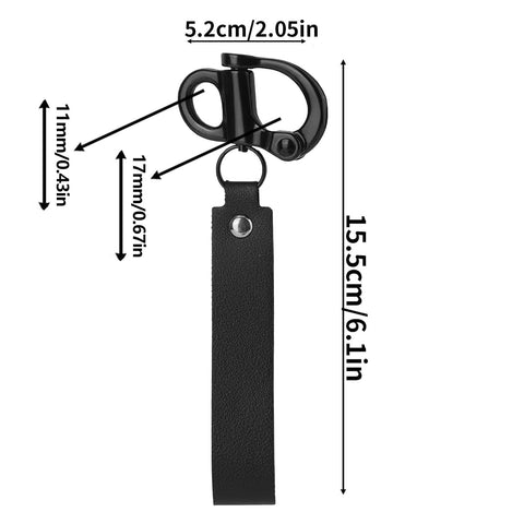 Beefy Quick Release Shackle Clip For SCBA Mask showing measurements, heavy-duty 316 stainless steel, black leather handle.