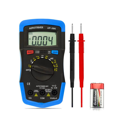Essential Digital Multimeter For DIYers And Pro Techs With TRMS 4000 Counts, probes, and battery visible in handheld device image