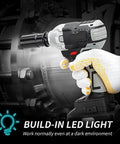 Top Rated 320Nm Cordless Wrench Kit With Brushless Motor held in hand with built-in LED light for dark workspaces.