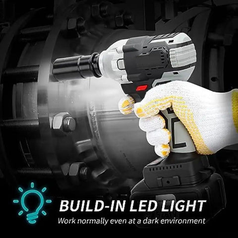 Top Rated 320Nm Cordless Wrench Kit With Brushless Motor held in hand with built-in LED light for dark workspaces.
