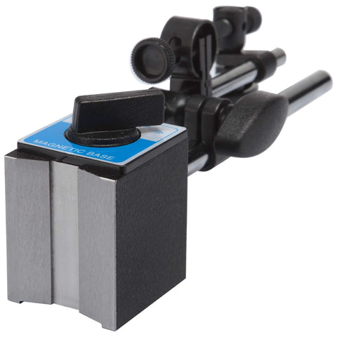 Dial indicator with magnetic base holder, front view; blue magnetic base and long arm