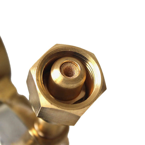 Close-up of brass fitting on Two Piece Welding Gas Regulator Set For Oxygen CGA-540 And Acetylene CGA-510 With Dual Gauges
