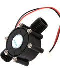 10W High Power Mini Water Turbine Hydroelectric Generator for On The Go Charging Portable Micro Hydropower Device That Converts Water Flow Into 5V DC Power to Charge Phones Small Batteries and LED Lights, black casing, red and black wires visible.