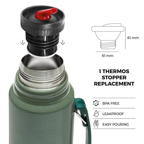 Thermal Flask Stopper Replacement For Yerba Mate Drinking Convert Your Thermos Into Yerba Mate Pico Mate Stopper With High Precision Flow Red On The Go For Camping And Travel, shown with black and red stopper above green thermos.