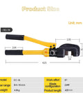 Heavy Duty Hydraulic Rebar Cutter Tool For Concrete Construction Sites with dimensions of 425mm length and 4-16mm shear range.