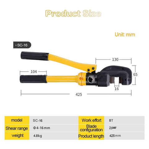 Heavy Duty Hydraulic Rebar Cutter Tool For Concrete Construction Sites with dimensions of 425mm length and 4-16mm shear range.