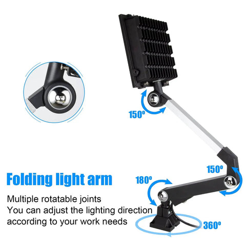 Built Tough 30W Folding Aluminum Arm Work Light featuring multiple rotatable joints for precise lighting in industrial workspaces.
