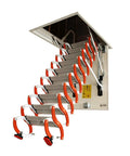 Built Like A Tank Telescoping Attic Ladder Retractable Pull Down Stair with orange handles and metal rungs visible in use.