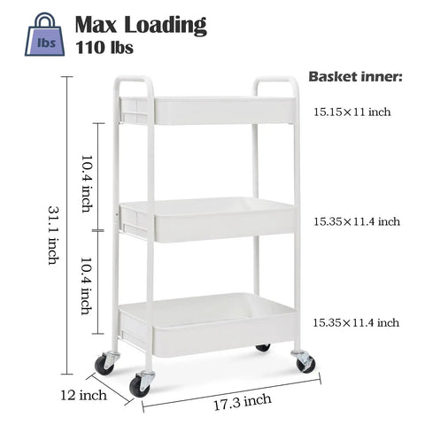 Three Tier Rolling Cart Metal Utility Storage Organizer With Lockable Wheels Space Saving Design Ideal For Kitchen Bathroom