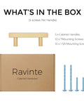 What's in the box contents for 5 Pack Brass Champagne Gold Square Cabinet Pulls For Kitchen Cabinets And Drawers, including handles and screws.