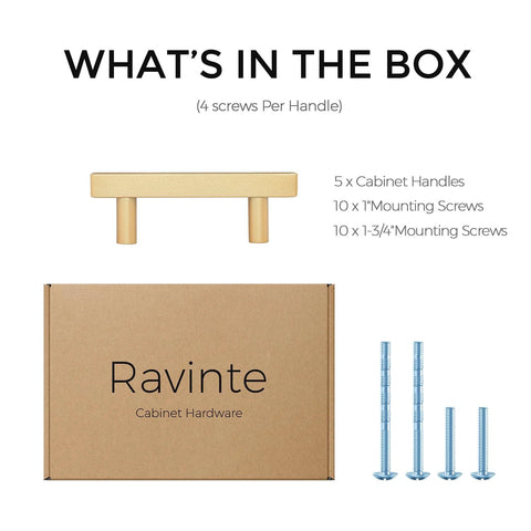 What's in the box contents for 5 Pack Brass Champagne Gold Square Cabinet Pulls For Kitchen Cabinets And Drawers, including handles and screws.