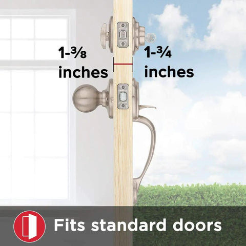 Dakota Front Door Lock Handle And Deadbolt Set For Exterior Entry showing fit for standard doors, Satin Nickel Finish