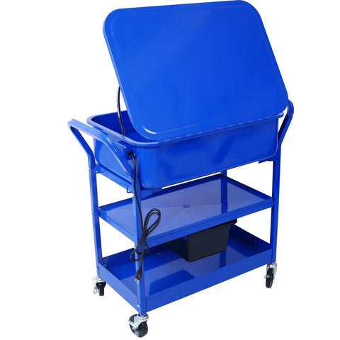 No-Nonsense Heavy Duty 20 Gallon Portable Parts Washer With Big Wheel Casters And Blazing 325 Gph Pump, Powder Coated Steel Shop Sink with lid open.