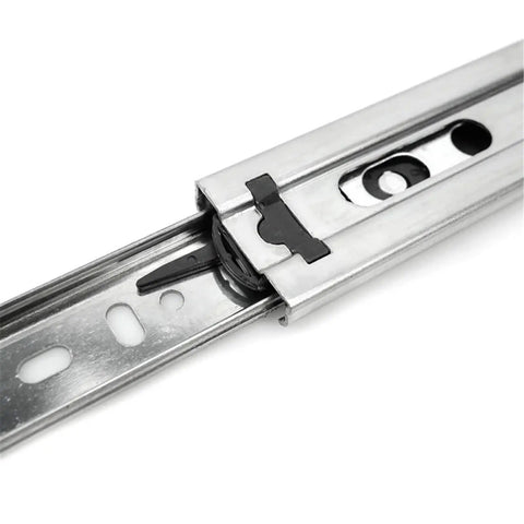 Close-up view of Beefy Full Extension Drawer Slide Rail in cold rolled steel with ball bearing side mount, 30mm wide.