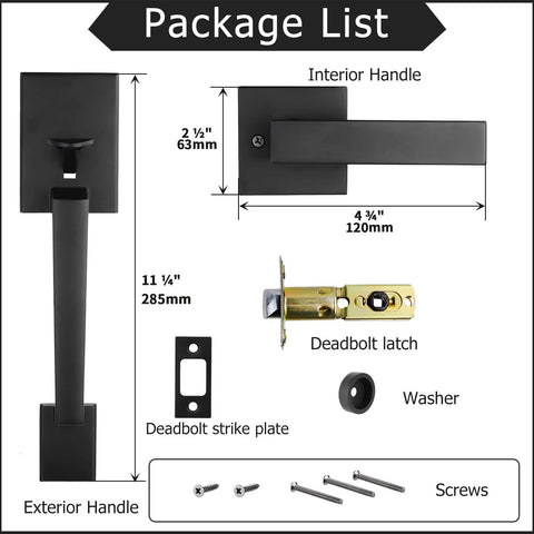 Package list for Matte Black Front Door Handle Set with Reversible Lever including handle, deadbolt latch, and screws.