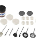 Nitty Gritty 20 Piece Rotary Tool Accessory Cleaning Kit With Rugged Case featuring felt discs and polishing tools arranged neatly.