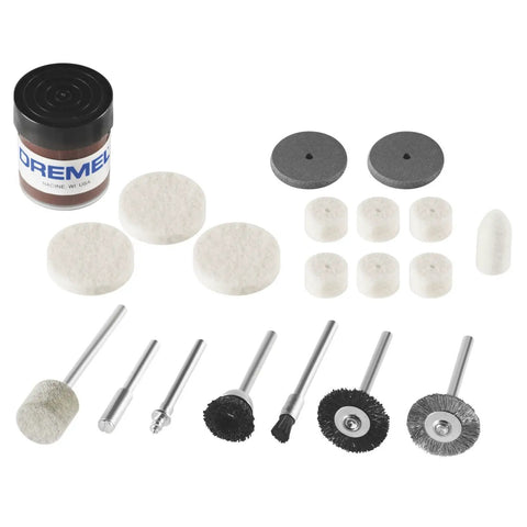 Nitty Gritty 20 Piece Rotary Tool Accessory Cleaning Kit With Rugged Case featuring felt discs and polishing tools arranged neatly.