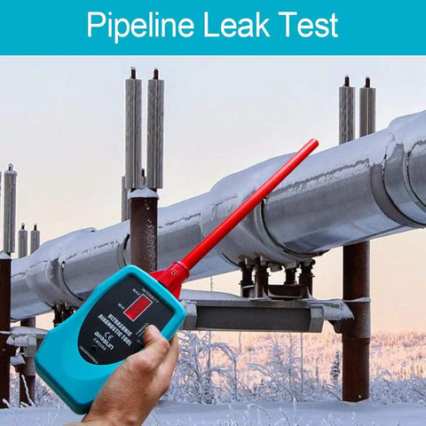 Allsun ultrasonic leak detector stethoscope with teal handheld unit and red 36–44 kHz probe testing pipeline.