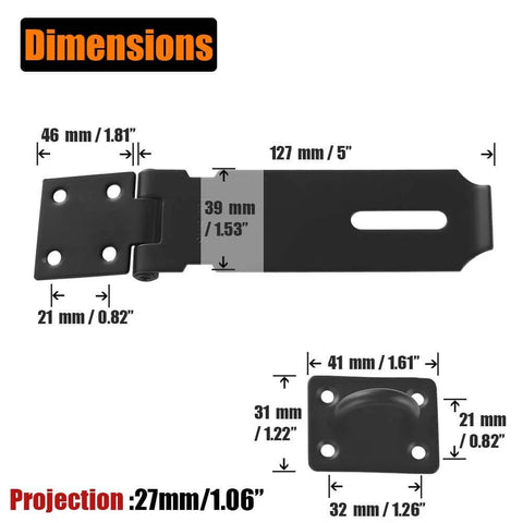 Dimensions diagram of 5 Inch Door Hasp Latch Lock In 304 Stainless Steel Matte Black With 1.9 Mm Thickness for robust security use.