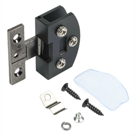 Heavy Duty Frameless Glass Door Hinge And Zinc Alloy Cabinet Clamps For 8 Millimeter Panels Smooth Glide Fit For Wine Racks And Display Cases Matte Black Hardware with screws and accessories.