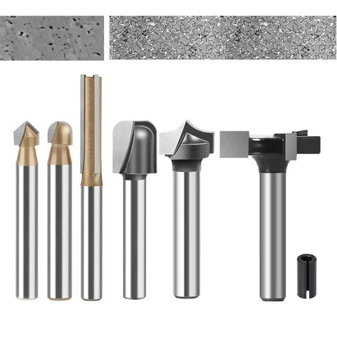Six Piece CNC Router Bits Set With One Quarter Inch Shank For V Groove And Round Nose Engraving Mortising Slotting Trimming