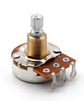 One 500K short split-shaft audio taper potentiometer with threaded brass shaft and three solder lugs.