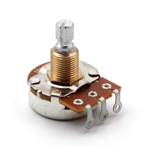 One 500K short split-shaft audio taper potentiometer with threaded brass shaft and three solder lugs.
