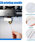 Hand holding 0.4 mm stainless steel needle from Bulk 50 Pieces 3D Printer Nozzle Cleaning Kit, showing bendability and strength