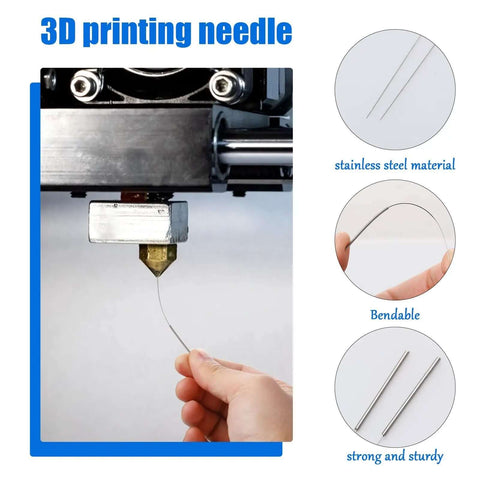 Hand holding 0.4 mm stainless steel needle from Bulk 50 Pieces 3D Printer Nozzle Cleaning Kit, showing bendability and strength
