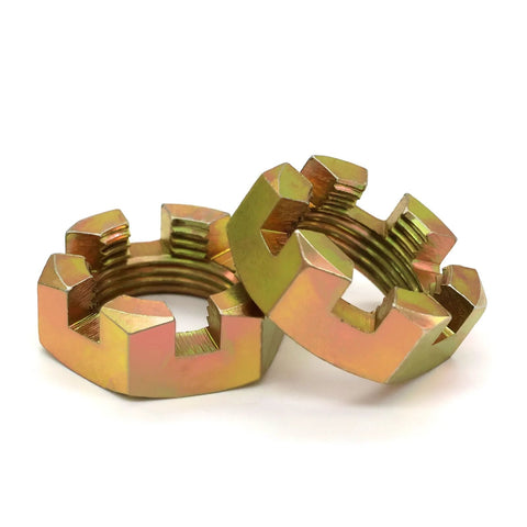 Trailer spindle nuts, front view: two gold-tone zinc-plated 1-inch nuts with internal threads.