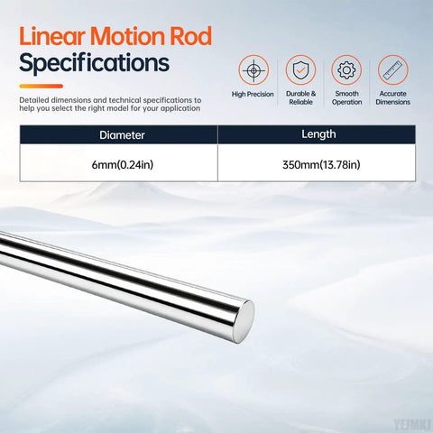 Linear Motion Rod Specifications showing 6mm diameter and 350mm length for Smooth Moving 2 Pack Linear Motion Rods With 6mm Diameter And 350mm Length Made From Tough C45 Steel For Your DIY Robotics Or CNC Projects That Need Reliable Guidance And Zero Wobble During Heavy Use.