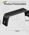 Heavy-duty black steel axle bracket with dimensions for 4 Pack Heavy Duty Black Steel Wheelbarrow Axle Bracket Set Replacement Accessories For Gardening, Farms, And Most Standard Wheelbarrows With Beefy Universal Fit And Easy Install For Worn Or Bent Axle Brackets.