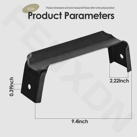 Heavy-duty black steel axle bracket with dimensions for 4 Pack Heavy Duty Black Steel Wheelbarrow Axle Bracket Set Replacement Accessories For Gardening, Farms, And Most Standard Wheelbarrows With Beefy Universal Fit And Easy Install For Worn Or Bent Axle Brackets.